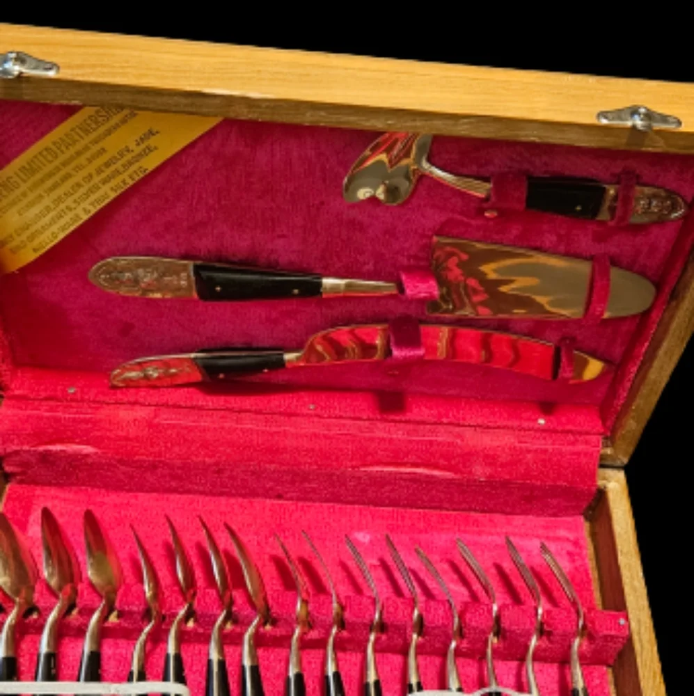 *Vintage SIAM 19 Piece Brass-Bronze Teak Flatware Set